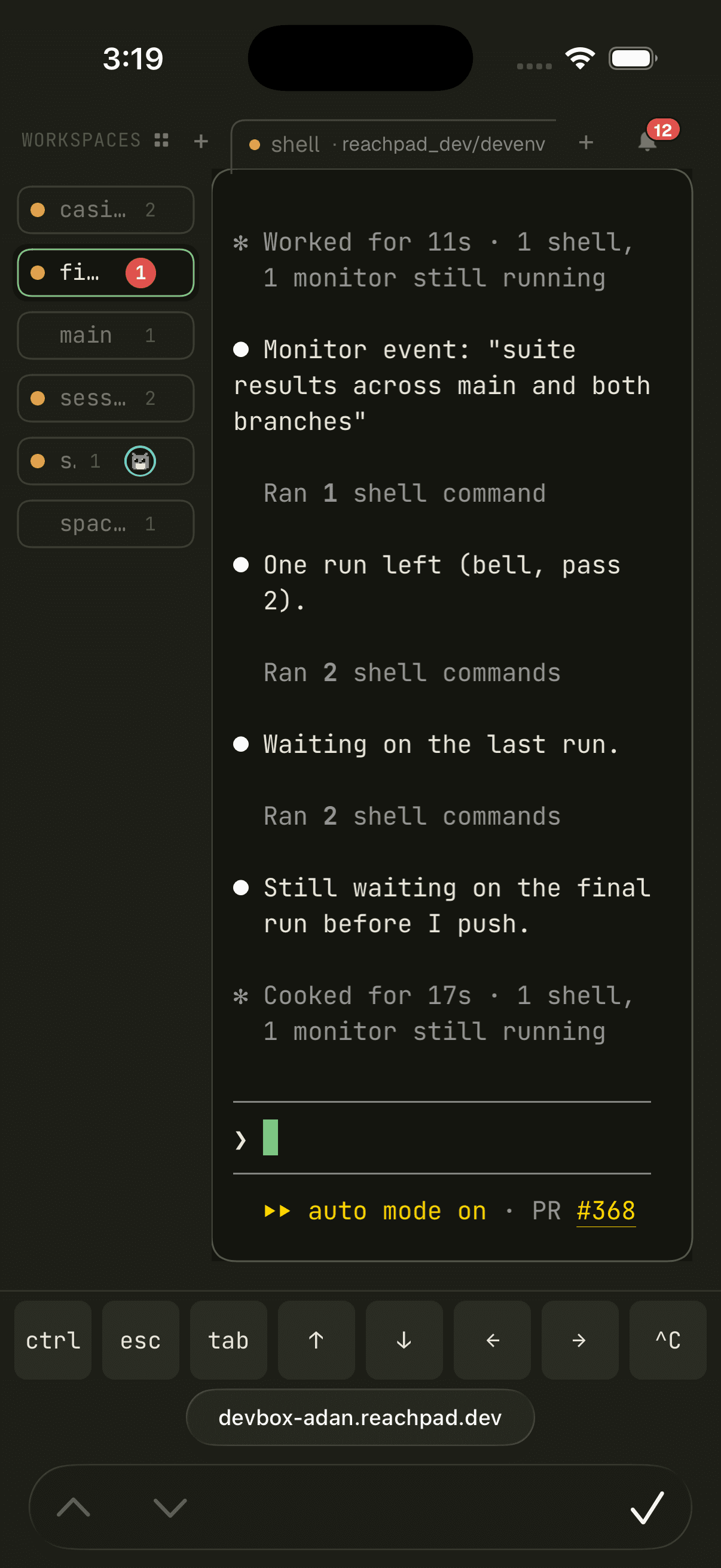 The workspace open on a phone, a run in progress