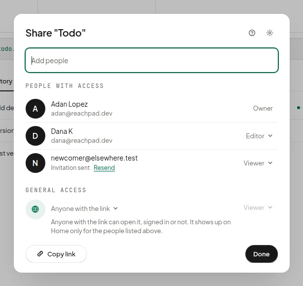 The share dialog on an app: people with access by name and role, and a link anyone can open