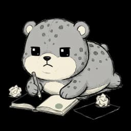 The reachpad mascot lying on the ground writing in a notebook, crumpled drafts beside it