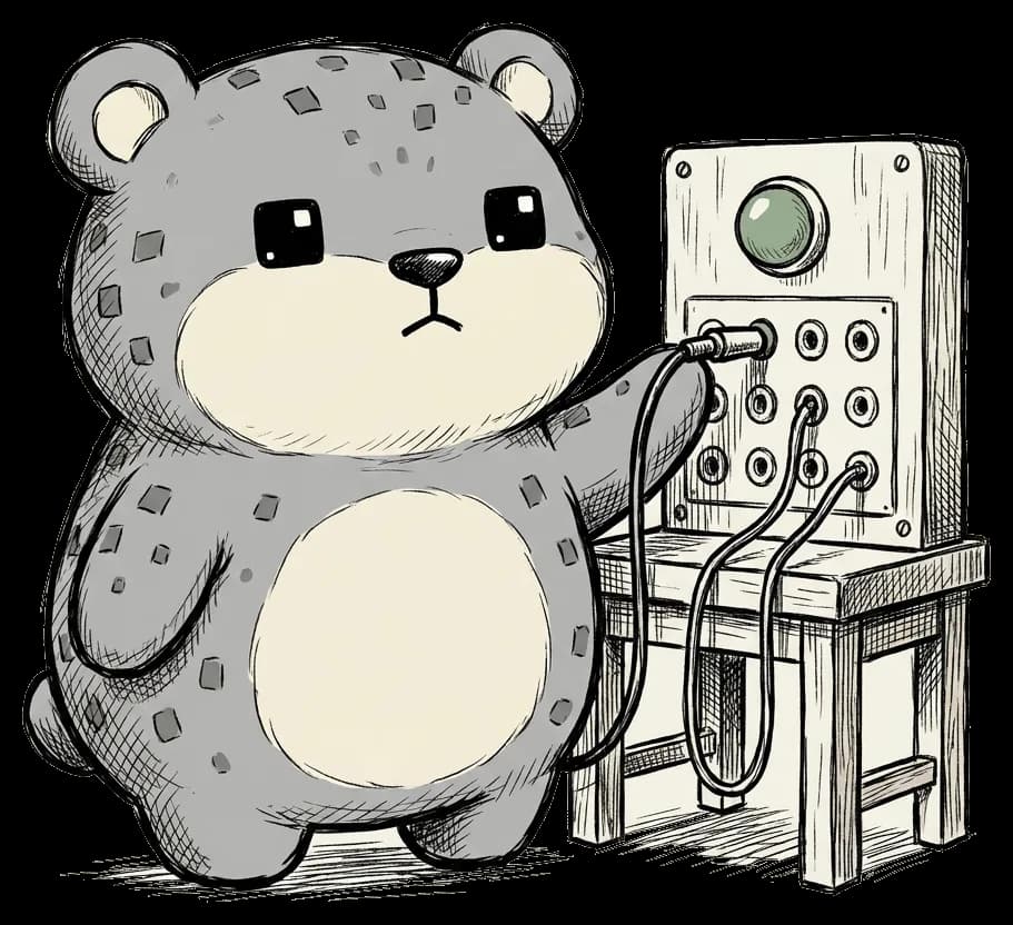 The reachpad mascot at an old switchboard, plugging one cable into a socket under a green lamp